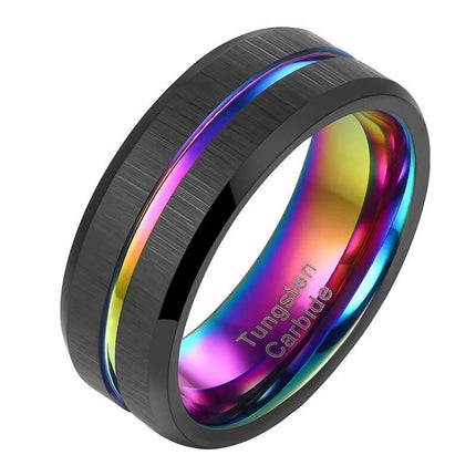 Tungsten Carbide 8mm Black Wedding Band with Rainbow Groove - Wnkrs