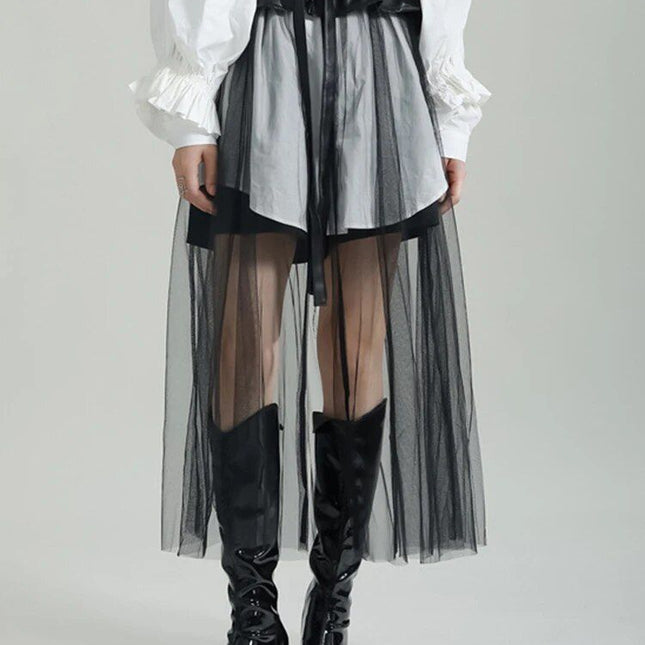 High Waist Black PU Leather Ruffles Mesh Long Elegant Half-body Skirt