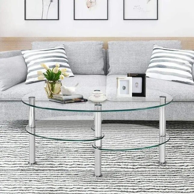 Elegant Oval Tempered Glass Coffee Table with 3 Tiers and Steel Frame - Wnkrs