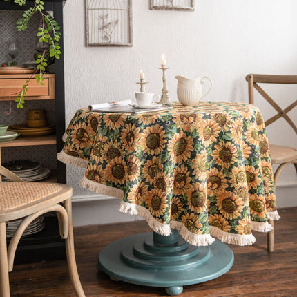 Elegante mantel redondo con estampado de girasoles en jacquard americano