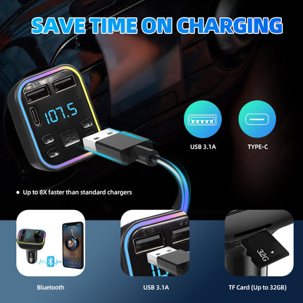 Bluetooth 5.0 Car FM Transmitter with PD & Dual USB Fast Charger