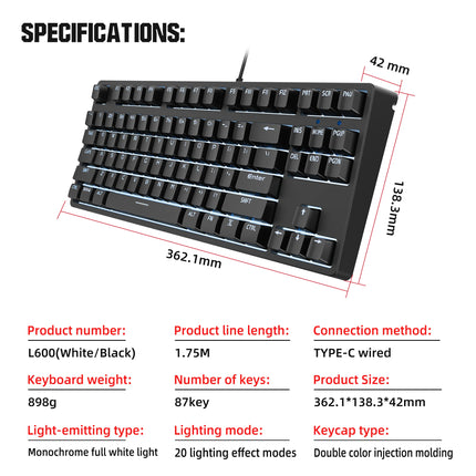 Teclado mecánico con cable de 87 teclas con teclas ABS, interruptores rojos silenciosos intercambiables en caliente y retroiluminación blanca para oficina y juegos