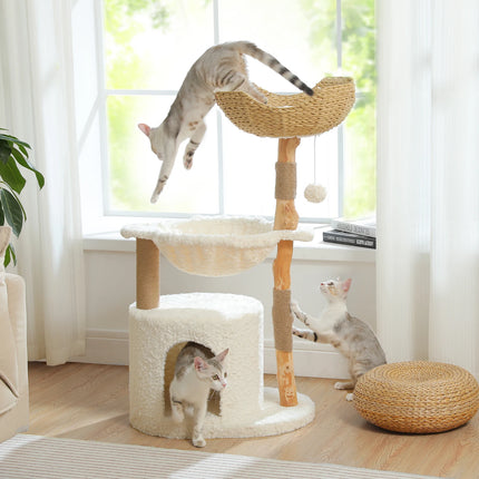 Arbre à chat moderne avec panier tressé, hamac et griffoir en bois massif pour grands chats d'intérieur