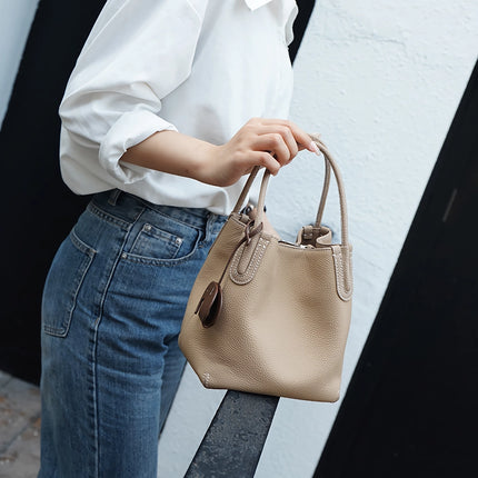 Sac seau rétro en cuir véritable pour femme – Sac à main décontracté à bandoulière et à bandoulière