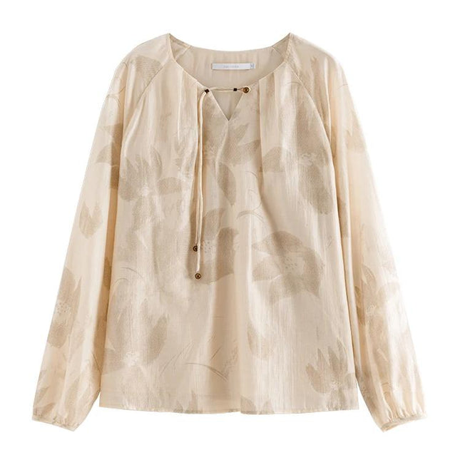 Blusa elegante de estilo chino con estampado floral en color beige