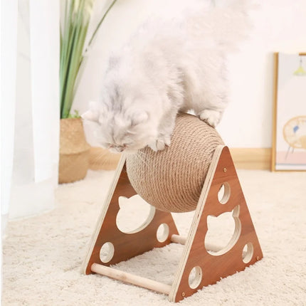 Balle à gratter en sisal naturel pour chat avec base en bois massif