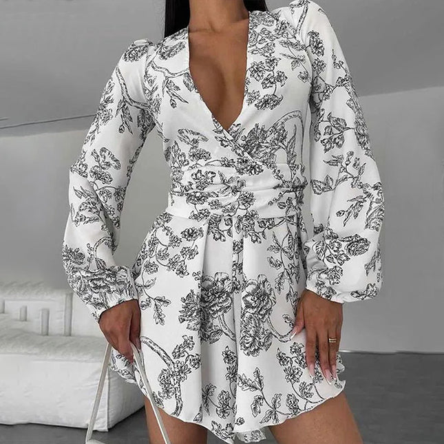 Women's Sexy V-neck Printed Lantern Sleeve Waist-tight Dress
