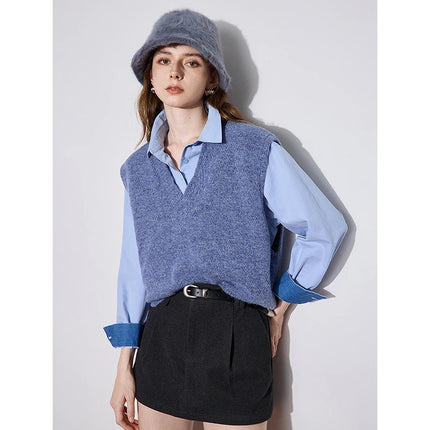 Pull tricoté sans manches à col en V en laine d'alpaga pour femme