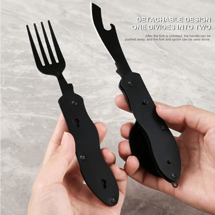 Stainless Steel 4-in-1 Camping Utensil Set: Foldable Spoon, Fork, Knife, Bottle Opener - Wnkrs