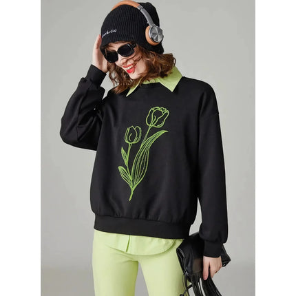 Sudadera con capucha holgada y bordada con flores de moda para mujer