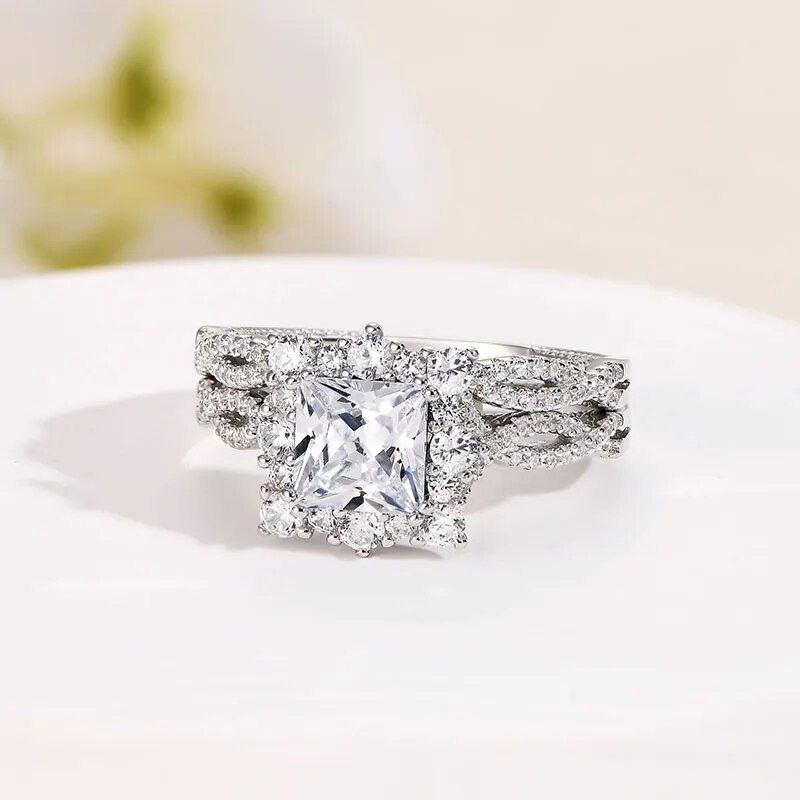 Elegant 925 Sterling Silver Princess Cut Engagement Ring Set