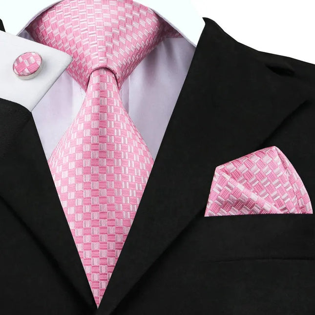 Ensemble cravate en soie à carreaux rose et blanc – Cravate de mariage formelle pour homme, mouchoir, boutons de manchette