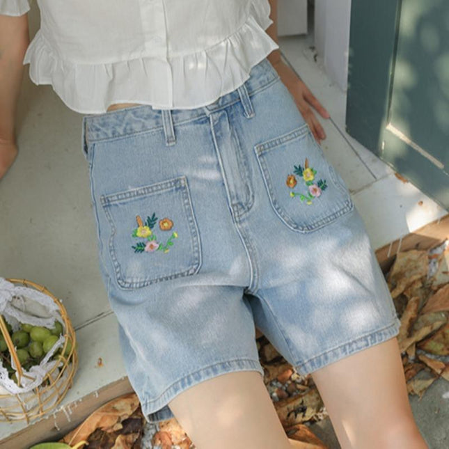 Light Blue Embroidered Denim Shorts for Women