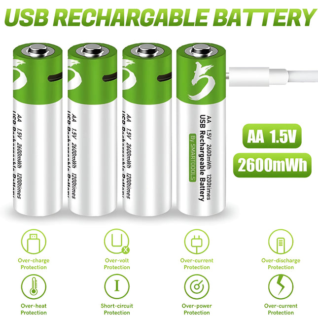 Piles au lithium rechargeables USB AA 1,5 V 2600 mAh (4 pièces) pour télécommandes, jouets + câble