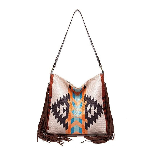 Bolso de hombro grande de lona de estilo bohemio y chic con detalles de punto y borlas de colores