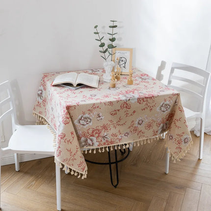 Mantel de lino y algodón con estampado de peonías y borlas para una elegante decoración del hogar