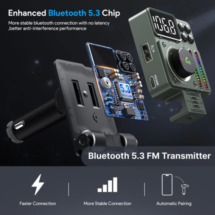 Transmisor FM Bluetooth 5.3 con agudos y graves ajustables