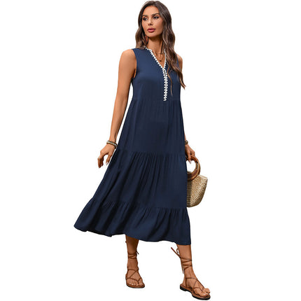 Color-Block V-Neck Maxi Dress With Ruffled Hem