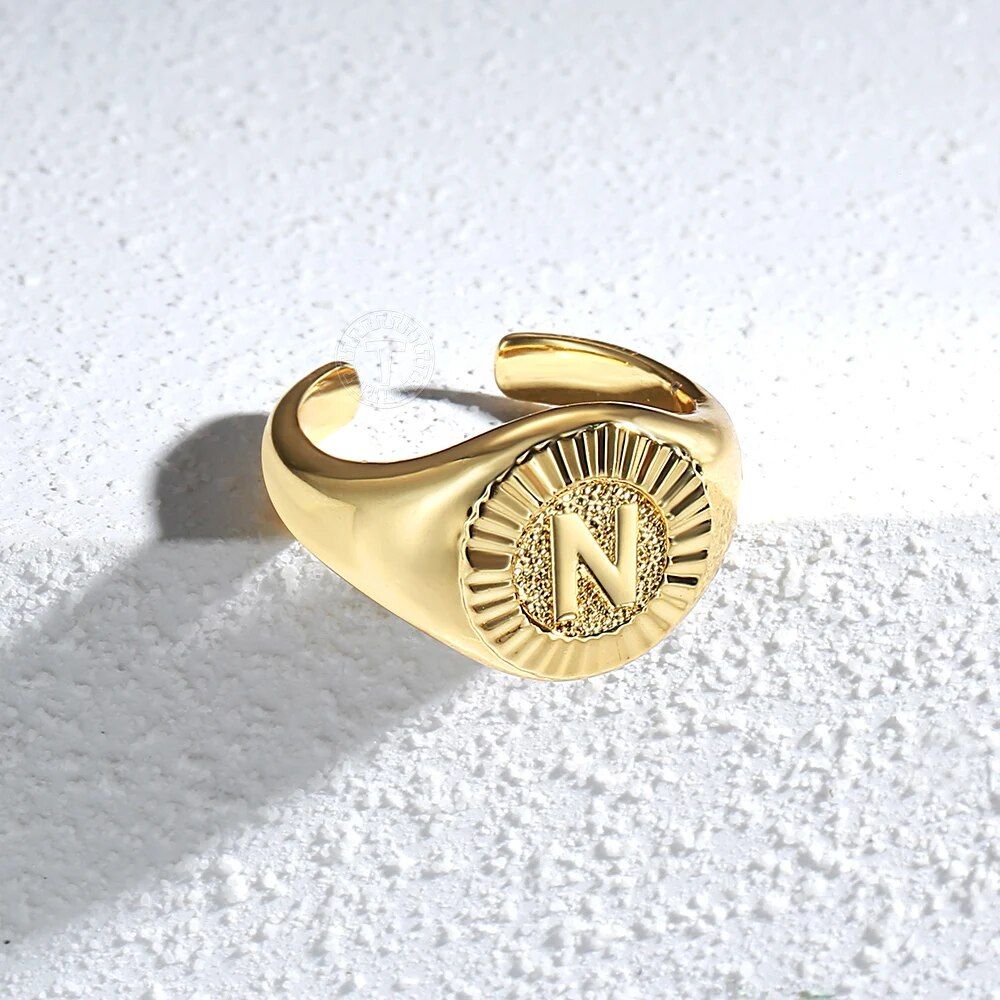 Gold Color Chunky Initial Open Ring