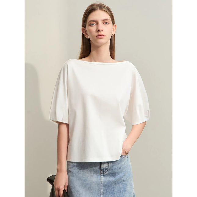 T-shirt minimaliste à manches lanternes en coton pour femme