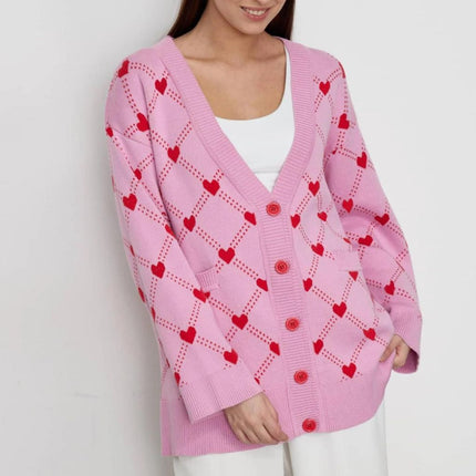 Women's Oversized V-Neck Knitted Cardigan with Heart Print