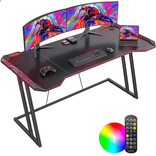 Z-Shaped 55" Gaming Desk with Carbon Fiber Surface and LED Lighting - Wnkrs