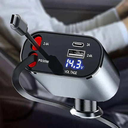 Cargador retráctil para coche 4 en 1 de 120 W con carga rápida y pantalla de voltaje