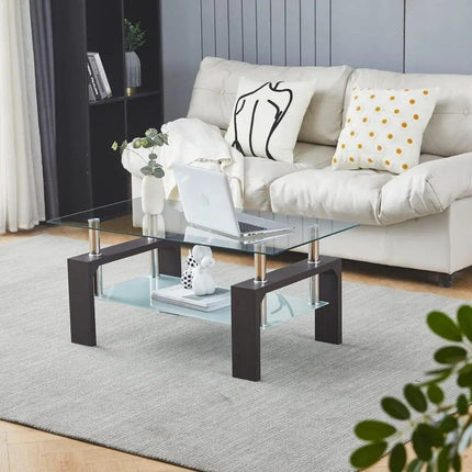 Modern Rectangle Glass Coffee Table with Wooden Legs - Wnkrs