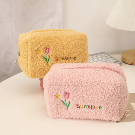 Cute Embroidered Flowers Cosmetic Bag