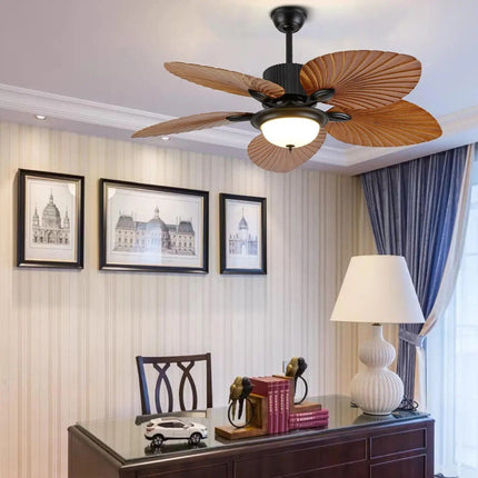 52" Tropical Palm Leaf Blade Ceiling Fan with Dimmable LED Chandelier and Remote Control - Wnkrs