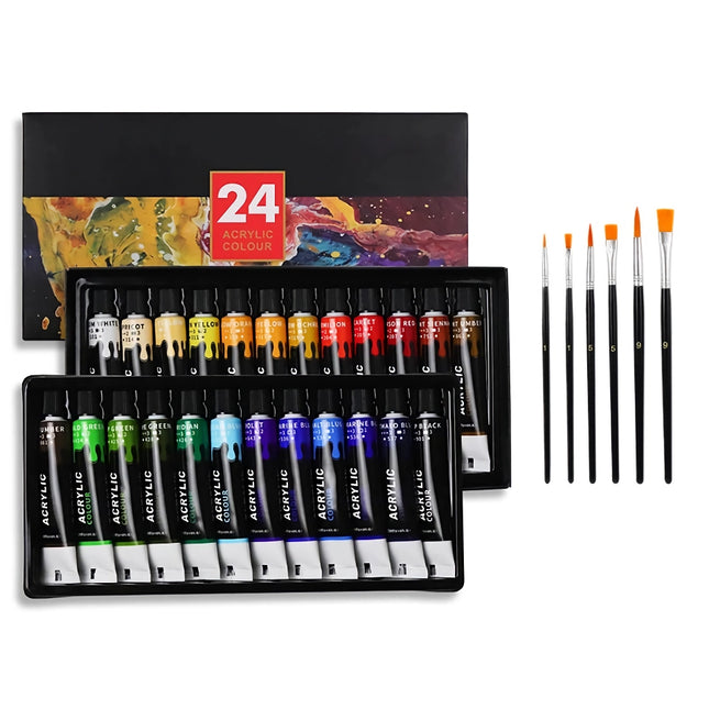 Coffret de peinture acrylique professionnelle - Tubes de 12 ml en 24 couleurs vives avec ensemble de pinceaux