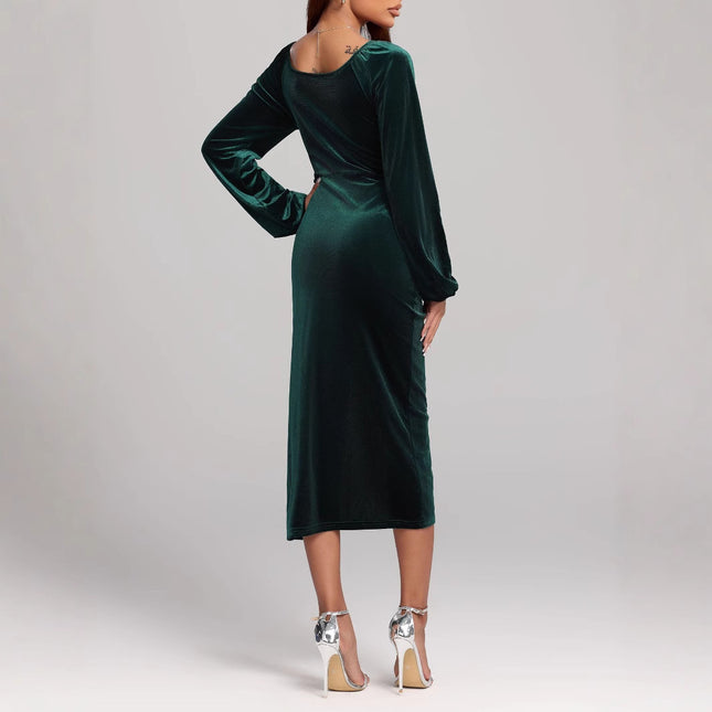 Robe en velours à col V, robe plissée fendue