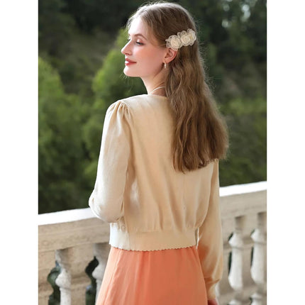 Apricot Elegant V-Neck French Style Knit Cardigan