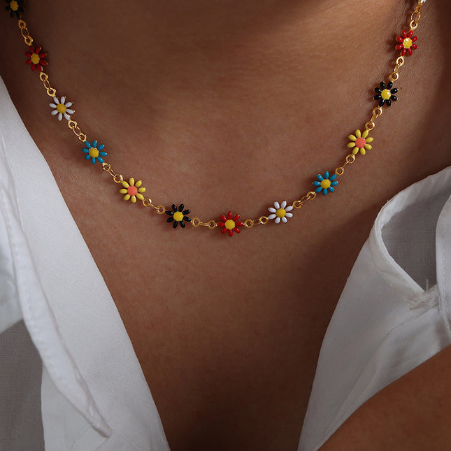 Conjunto de joyas de acero inoxidable con flores bohemias: collar y pulsera coloridos combinados para mujer