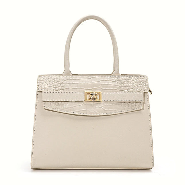 Sac à main carré en cuir de vachette à motif crocodile - Blanc cassé