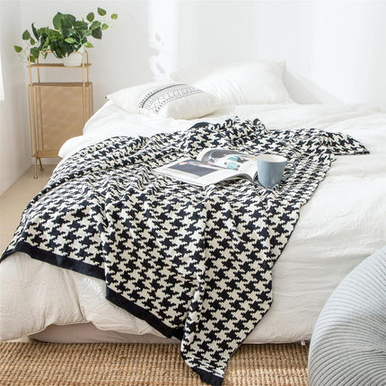 Classic Houndstooth Plaid Cotton Knitted Blanket