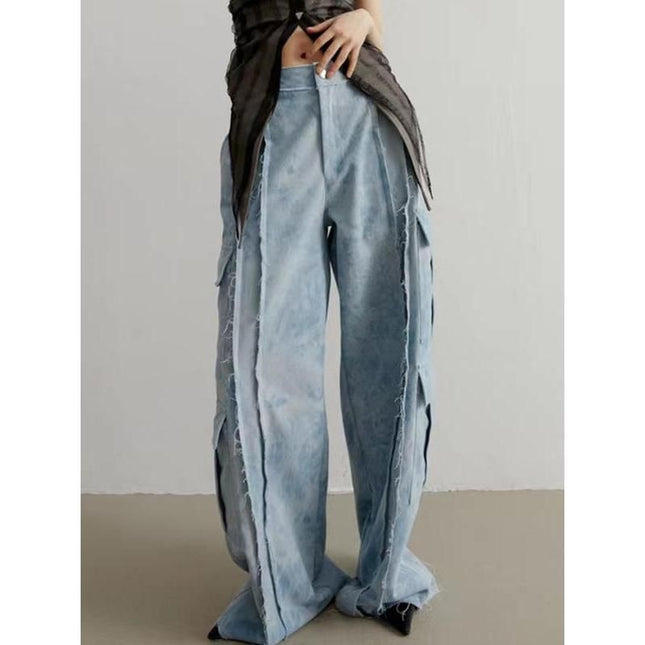 Pantalon droit en denim taille haute avec effet tie-dye