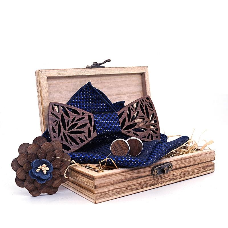 Men's Wooden Bow Tie, Handkerchief, Cufflinks and Brooch Set