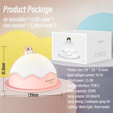 Humidificador ultrasónico de vapor frío y difusor de aroma con luz nocturna en forma de gato