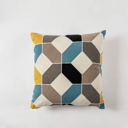 45x45in Geometric Embroidered Cotton Cushion Cover - Blue, Yellow, Grey Abstract Design