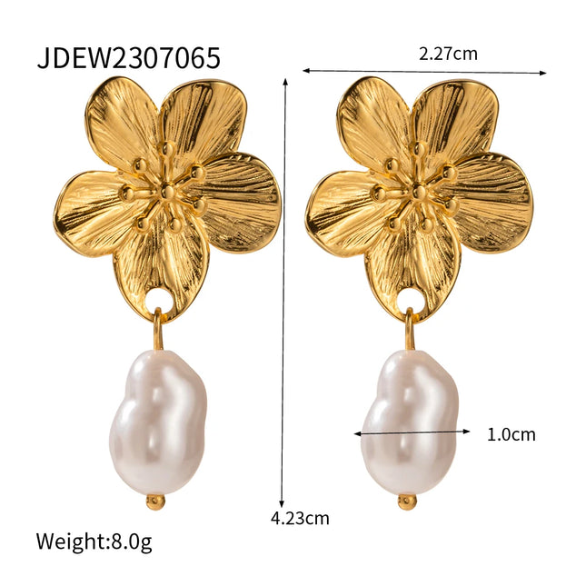 Boucles d'oreilles pendantes de luxe en acier inoxydable plaqué or 18 carats avec perles florales