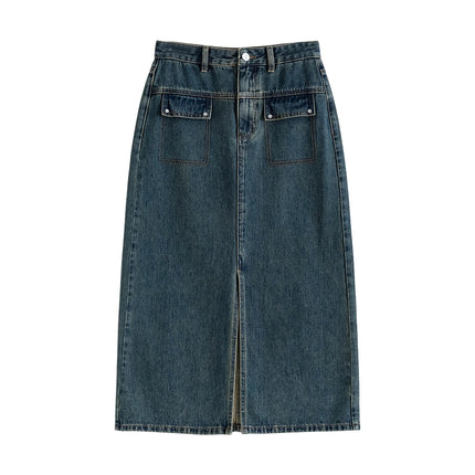 Vintage Washed Cotton Denim Skirt for Women