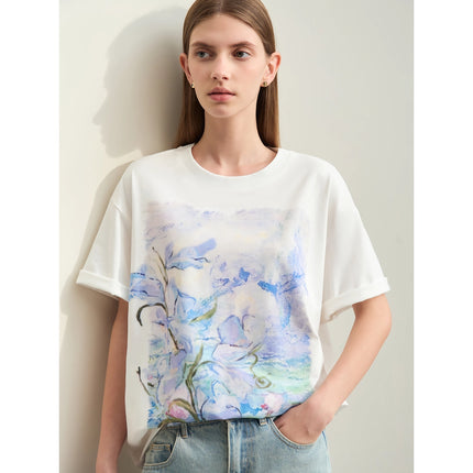 T-shirt en coton à imprimé artistique minimaliste pour femme - Haut décontracté à manches courtes