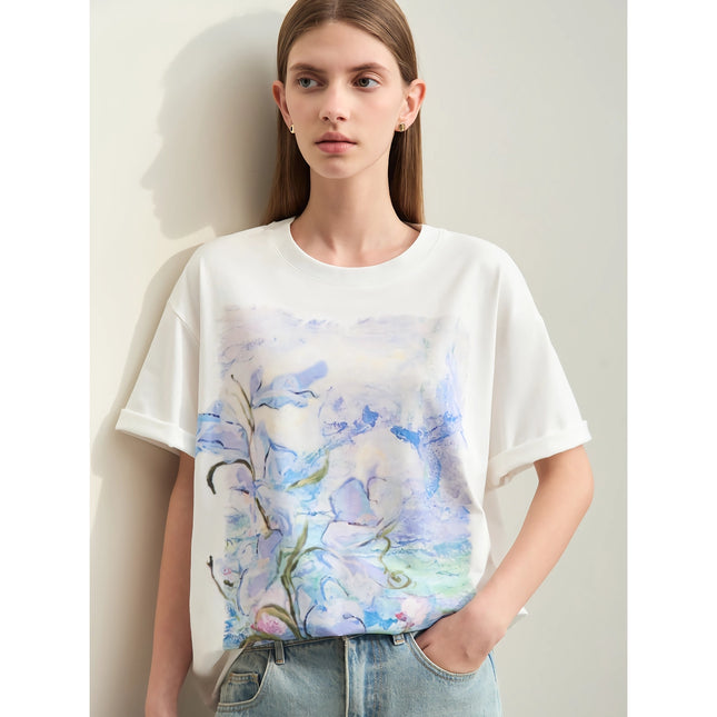 T-shirt en coton à imprimé artistique minimaliste pour femme - Haut décontracté à manches courtes