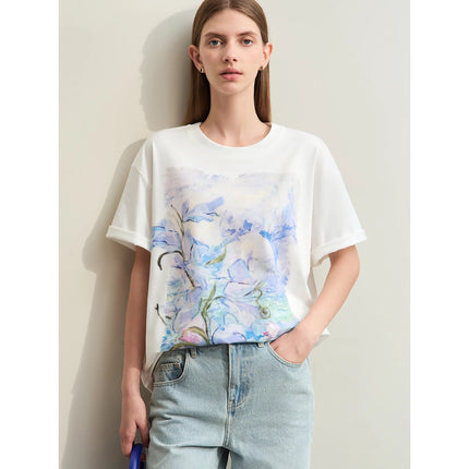 T-shirt en coton à imprimé artistique minimaliste pour femme - Haut décontracté à manches courtes