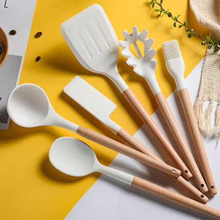 Creamy White Wooden Handle Silicone Kitchenware Set - Wnkrs