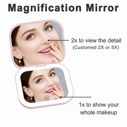 Miroir de maquillage pliable compact avec éclairage LED et grossissement 2X