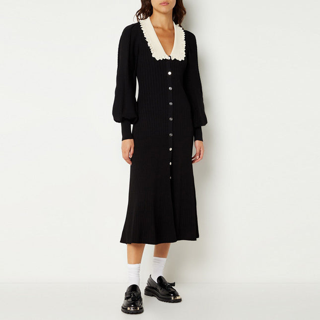 Robe mi-longue ajustée à taille haute avec col en dentelle pour femme
