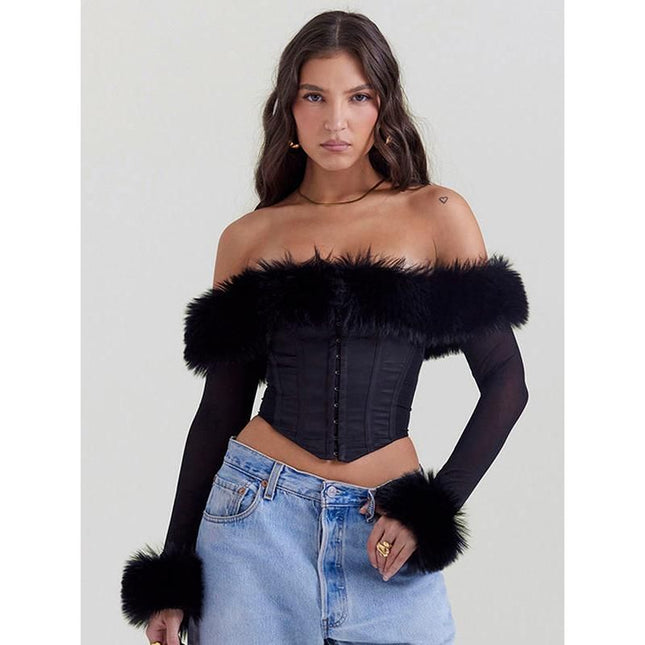 Elegant Feather Strapless Backless Sheer Long Sleeve Sexy T-Shirt - Wnkrs