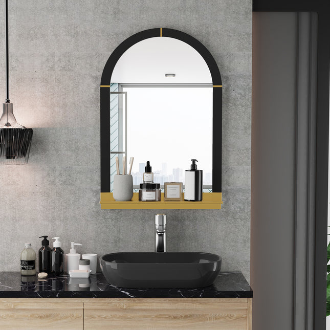 Miroir mural noir et doré arqué avec étagère décorative